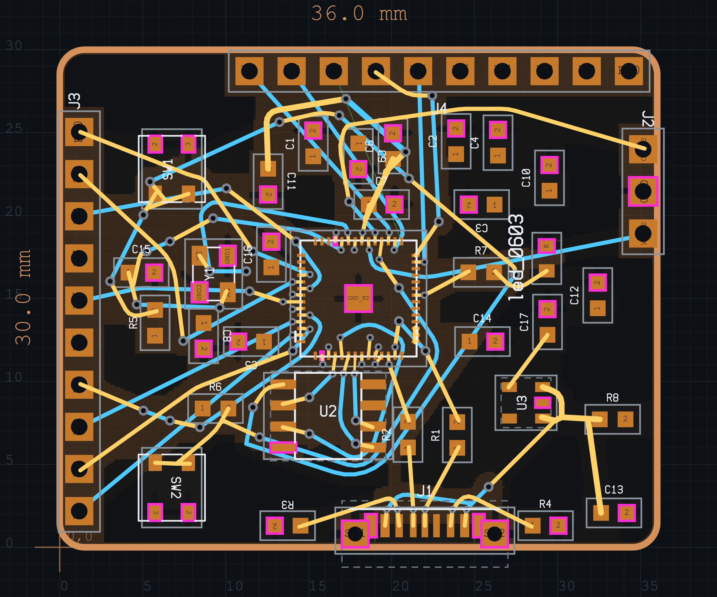 Fragua board view: routed RP2040 minimal PCB with copper traces, QFN-56 MCU, USB-C, headers and passives