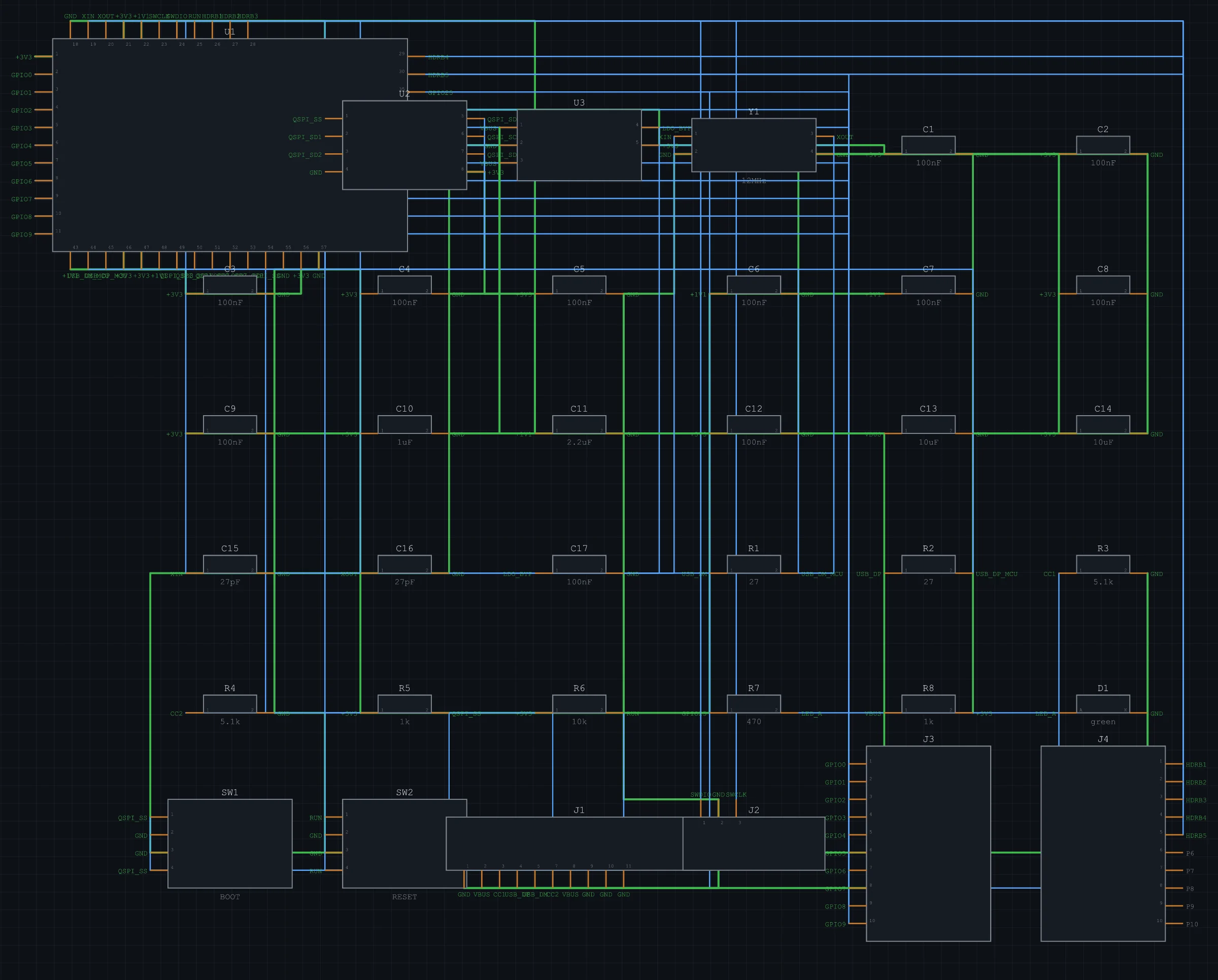 RP2040 minimal schematic with net wires in Fragua